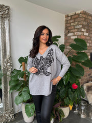Grey Rose Design Knit Top Tilly