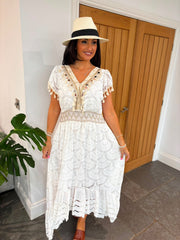 White Tassel Trim Maxi Dress Emery