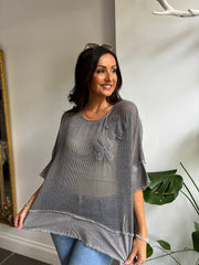 Charcoal Distressed Trim Net Top Shirley