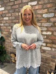 Grey Lace Hem Longline Knit Kirsty