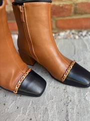 Tan Chain Front Block Heel Boots