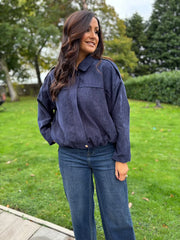 Navy Bubble Hem Bomber Jacket