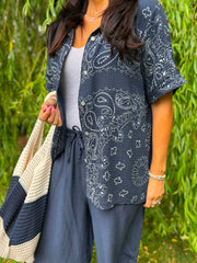 Navy Bubble Cotton Paisley Short Sleeve Shirt Jackie