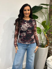 Wine Floral Mesh Top Sofia