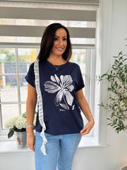 Navy Diamante Floral Lace Trim Tee Aria