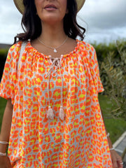 Orange  Bardot Bubble Cotton Leopard Dress Isla