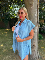 Denim Blue Coral Print Blouse Stacey
