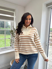 Camel Striped Zip Collar Knit Charlie