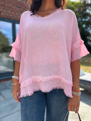 Pink Frayed Detail V Neck Top River