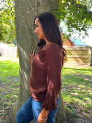 Chocolate Applique Ruffle Sleeve Knit Crystal
