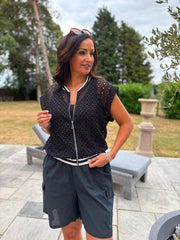 Black Eyelet Crochet Sleeveless Jacket Sharon