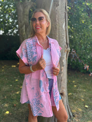 Pink Blue Coral Print Blouse Stacey
