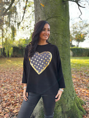 Black Metallic Heart Ribbed Sweatshirt Brooke