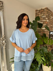 Blue Mesh Trim Short Sleeve Top Riley
