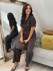 Chocolate Wide Leg Collared Jumpsuit Carrie