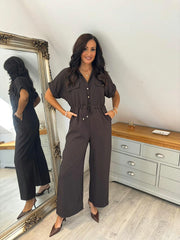 Chocolate Wide Leg Collared Jumpsuit Carrie
