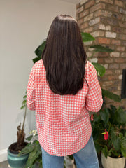 Coral Button Sleeve Gingham Blouse Opal