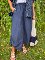 Navy Ruched Drawstring Wide Leg Trousers