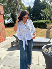 White Botanical Tie Front Blouse Brielle