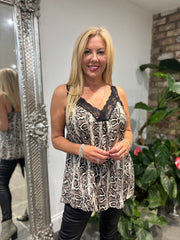 Black Snake Print Lace Trim Vest Megan