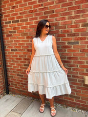 Grey Bubble Cotton Fringed Tier Dress Amanda