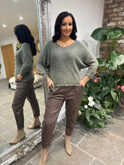Khaki Shimmer V Neck Knit Seren