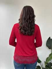 Wine Ribbed Lace Trim Top Madeline