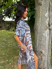 Mocha Tropical Leaf Shirt Dress Athena