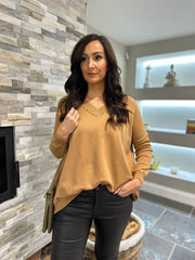 Camel Diamante V Neck Knit Tori