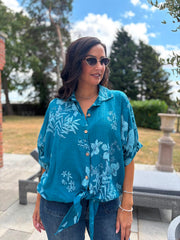 Teal Botanical Tie Front Blouse Brielle