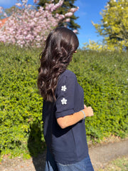 Navy Applique Floral Crepe Top Astra