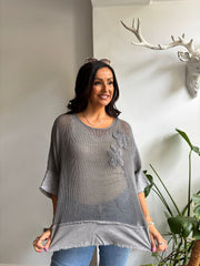 Charcoal Distressed Trim Net Top Shirley
