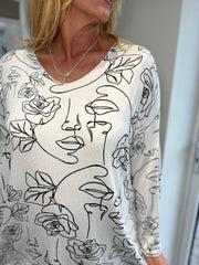 Winter White Abstract Rose V Neck Amy