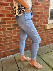 Light Denim Embellished Straight Leg Jeans