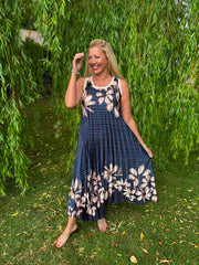 Navy Pleated Floral Stripe Dress Leona