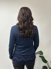 Navy Ribbed Lace Trim Top Madeline