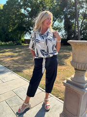 White Sketched Leaf Tie Front Blouse Brielle