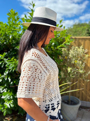 Stone Sequin Crochet Open Knit Top Holly