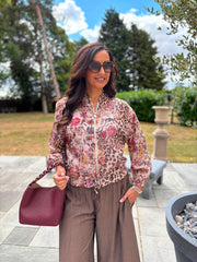Stone Animal Linen Blend Floral Bomber Jacket