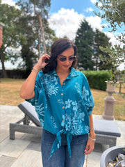 Teal Botanical Tie Front Blouse Brielle