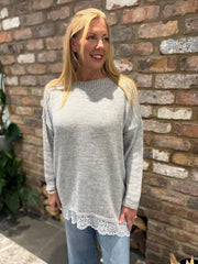 Grey Lace Hem Longline Knit Kirsty