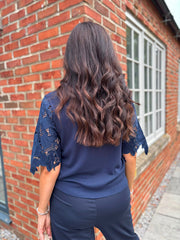 Navy Lace Sleeve Fine Knit Becca