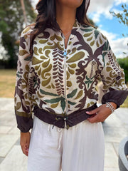 Chocolate Palm Oasis Linen Blend Bomber Jacket