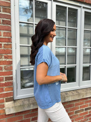 Denim Asymmetric Panel Flower Top Adele