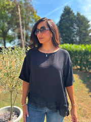 Black Asymmetric Lace Trim Top Maria
