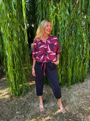 Wine Sketched Leaf Tie Front Blouse Brielle
