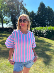 Denim & Pink Puff Sleeve Striped Top Erin