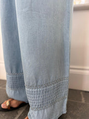 Light Denim Wide Leg Embroidered Trousers