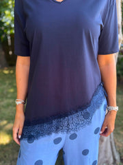 Navy Asymmetric Lace Hem Top Wendy