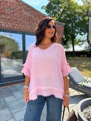 Pink Frayed Detail V Neck Top River